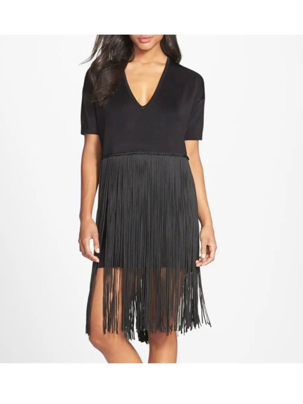 French Connection Black Spotlight Fringe Short Sleeve V Neck Dress Size 2 Nwt!